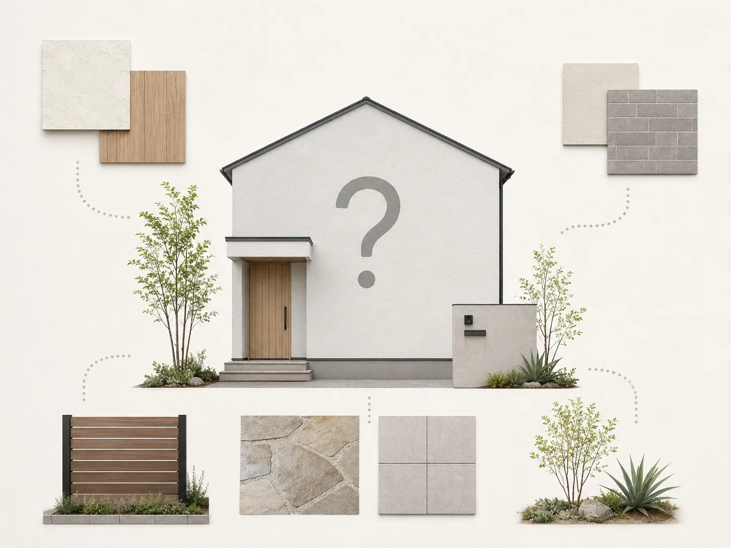 住まいの模型と外構の素材を並べたイメージ(生成画像)